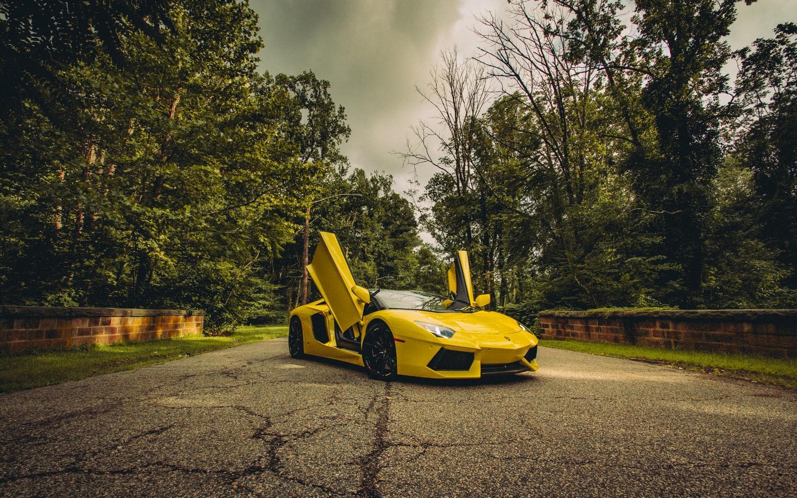 Yellow Lamborghini Aventador Roadster with both scissor doors raised, on a tree-lined road under a cloudy sky